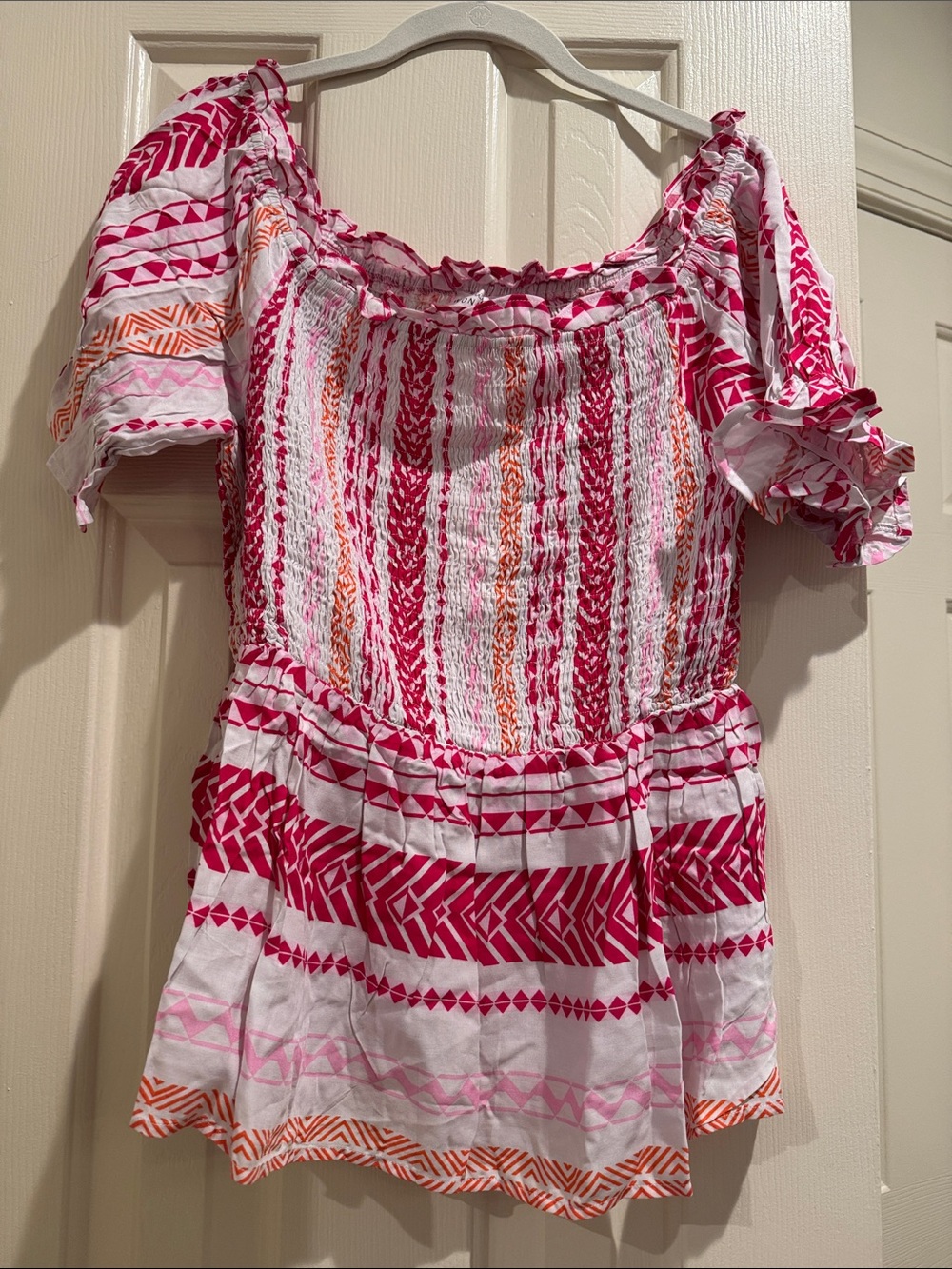 Emily Wonder Pink & White Smocked Off-Shoulder Peasant Top NWT large